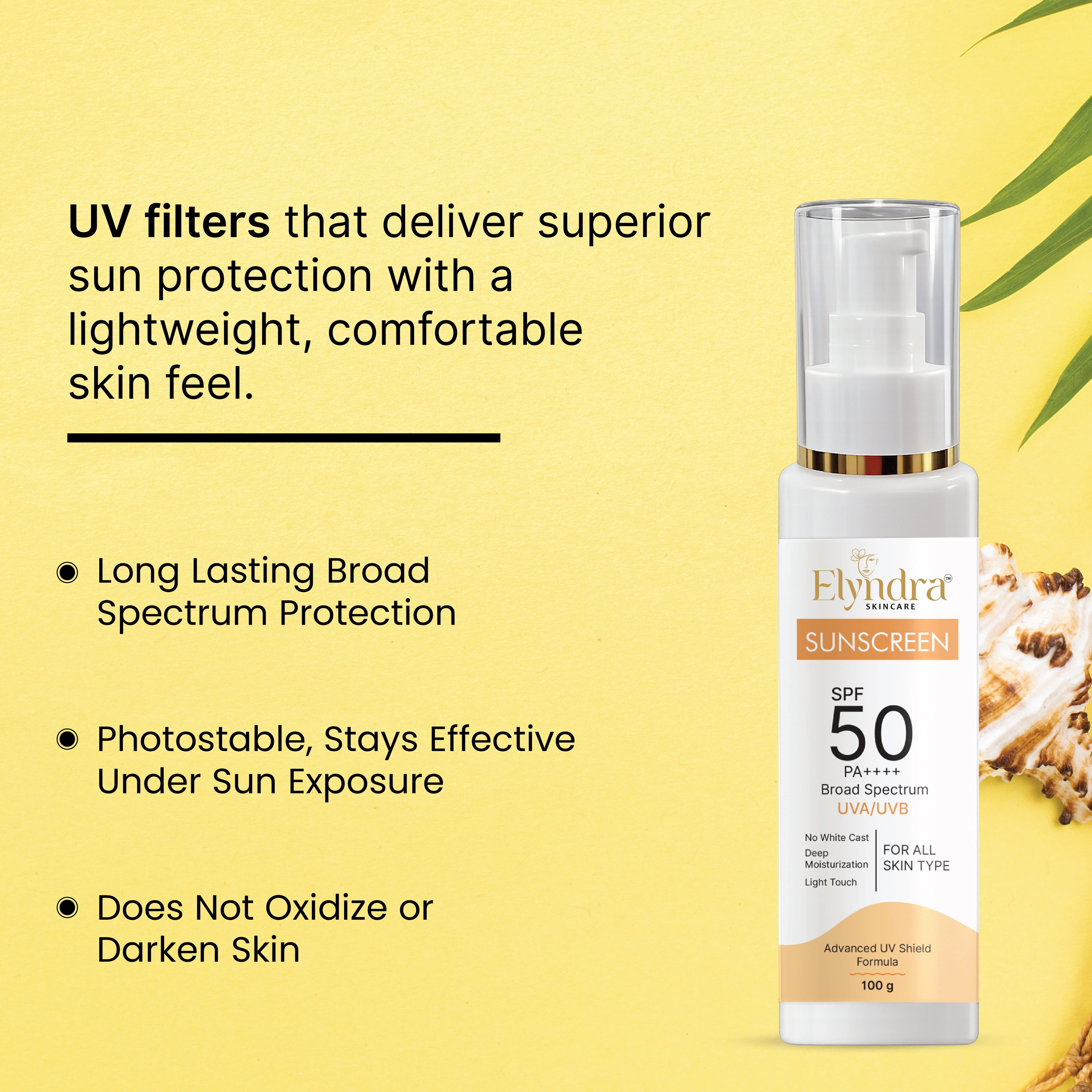 Elyndra SPF 50 Suncream 100g Lightweight Non Greasy Face and Body Sunblock Daily Moisturizing Sun Protection Cream for Smooth Radiant Skin All Skin Types