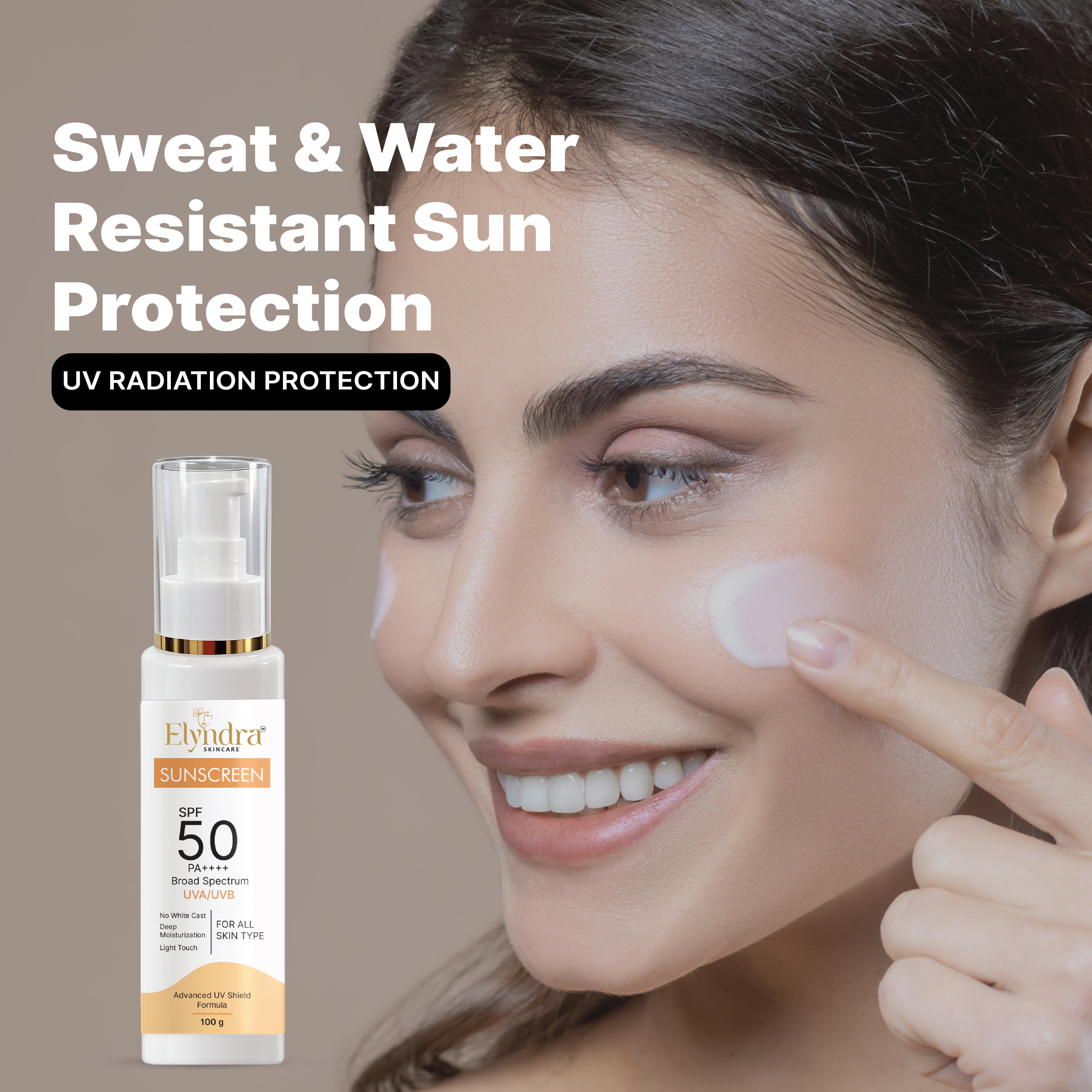 Elyndra SPF 50 Suncream 100g Lightweight Non Greasy Face and Body Sunblock Daily Moisturizing Sun Protection Cream for Smooth Radiant Skin All Skin Types