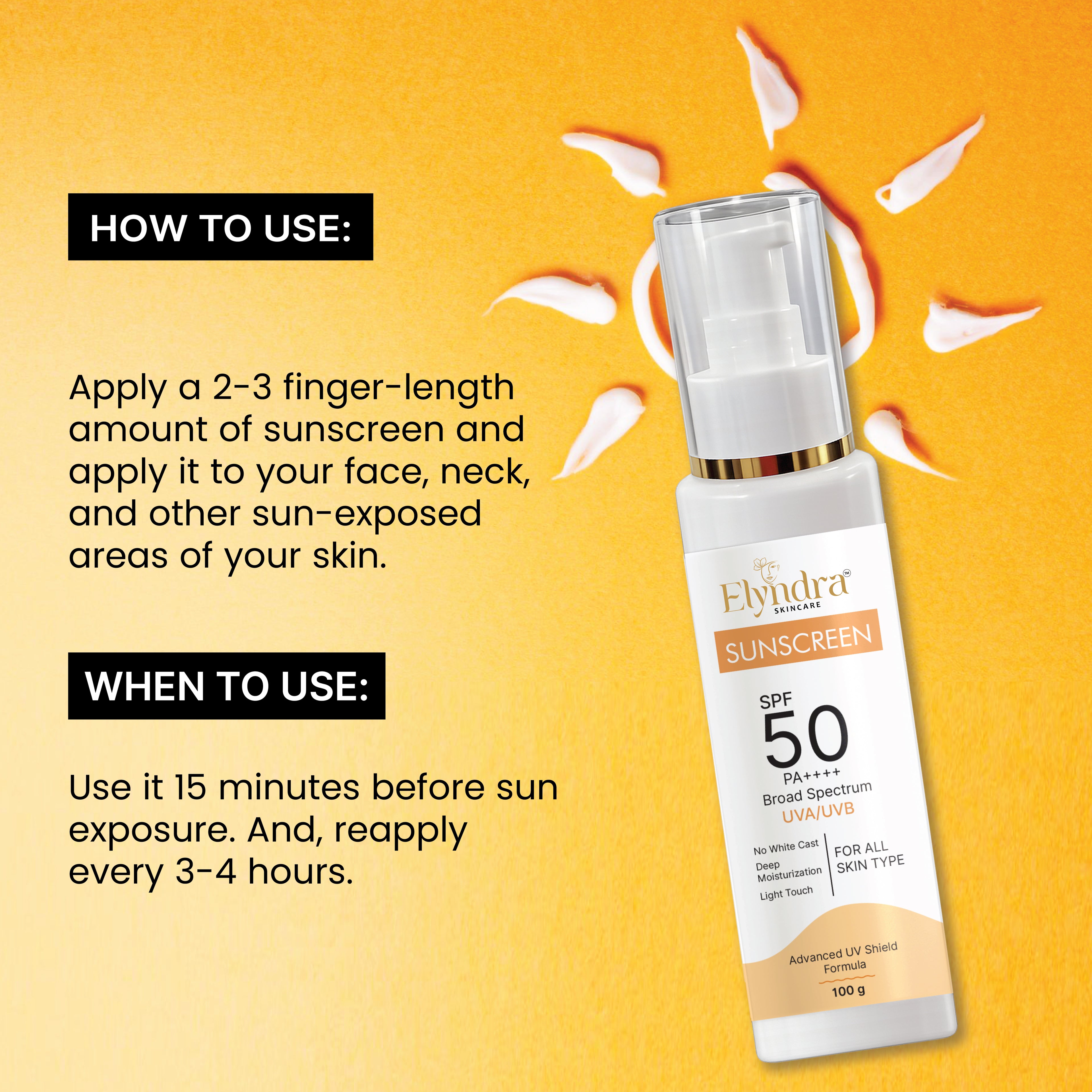 Elyndra SPF 50 Suncream 100g Lightweight Non Greasy Face and Body Sunblock Daily Moisturizing Sun Protection Cream for Smooth Radiant Skin All Skin Types