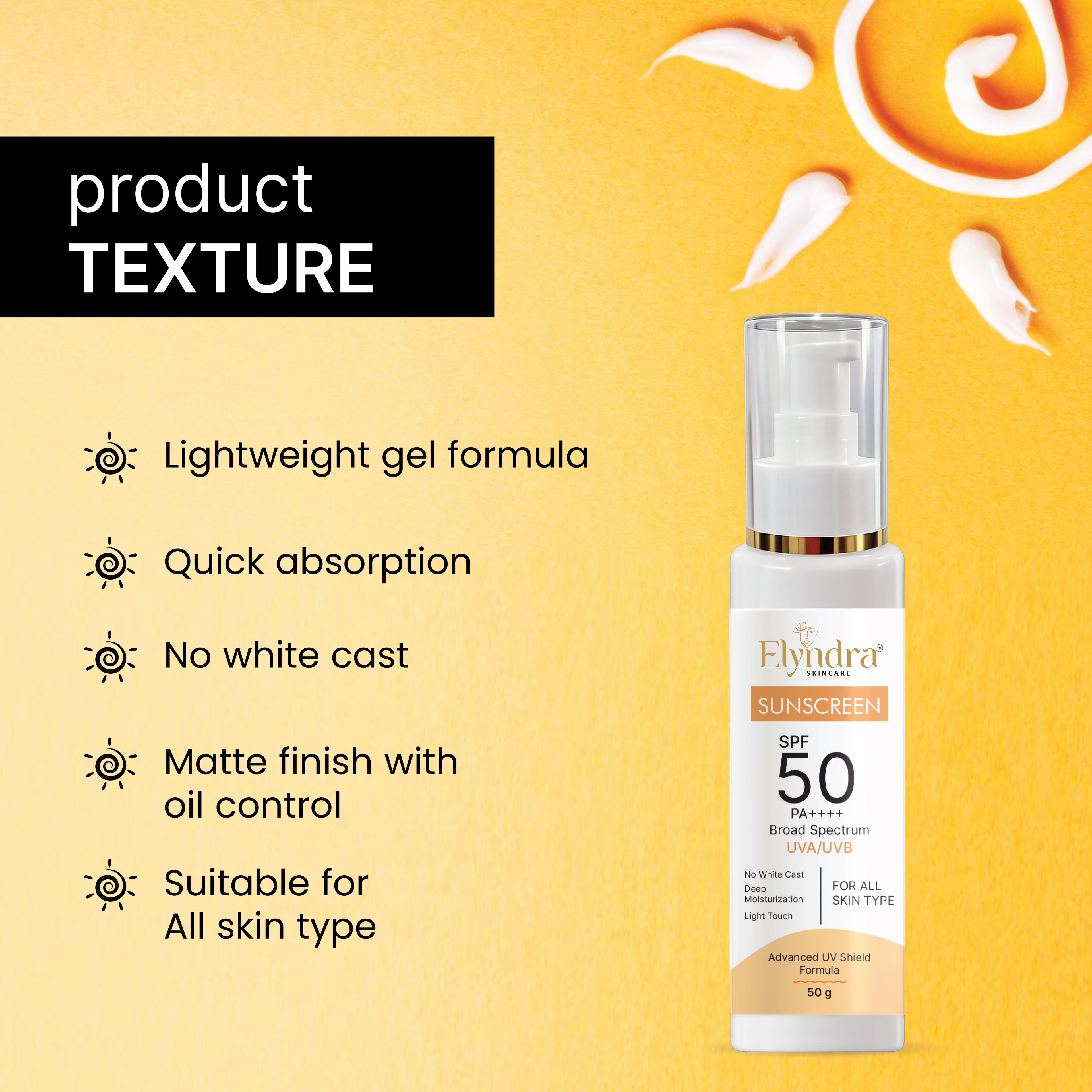 Elyndra SPF 50 Suncream 50g Lightweight Non Greasy Face and Body Sunblock Daily Moisturizing Sun Protection Cream for Smooth Radiant Skin All Skin Types