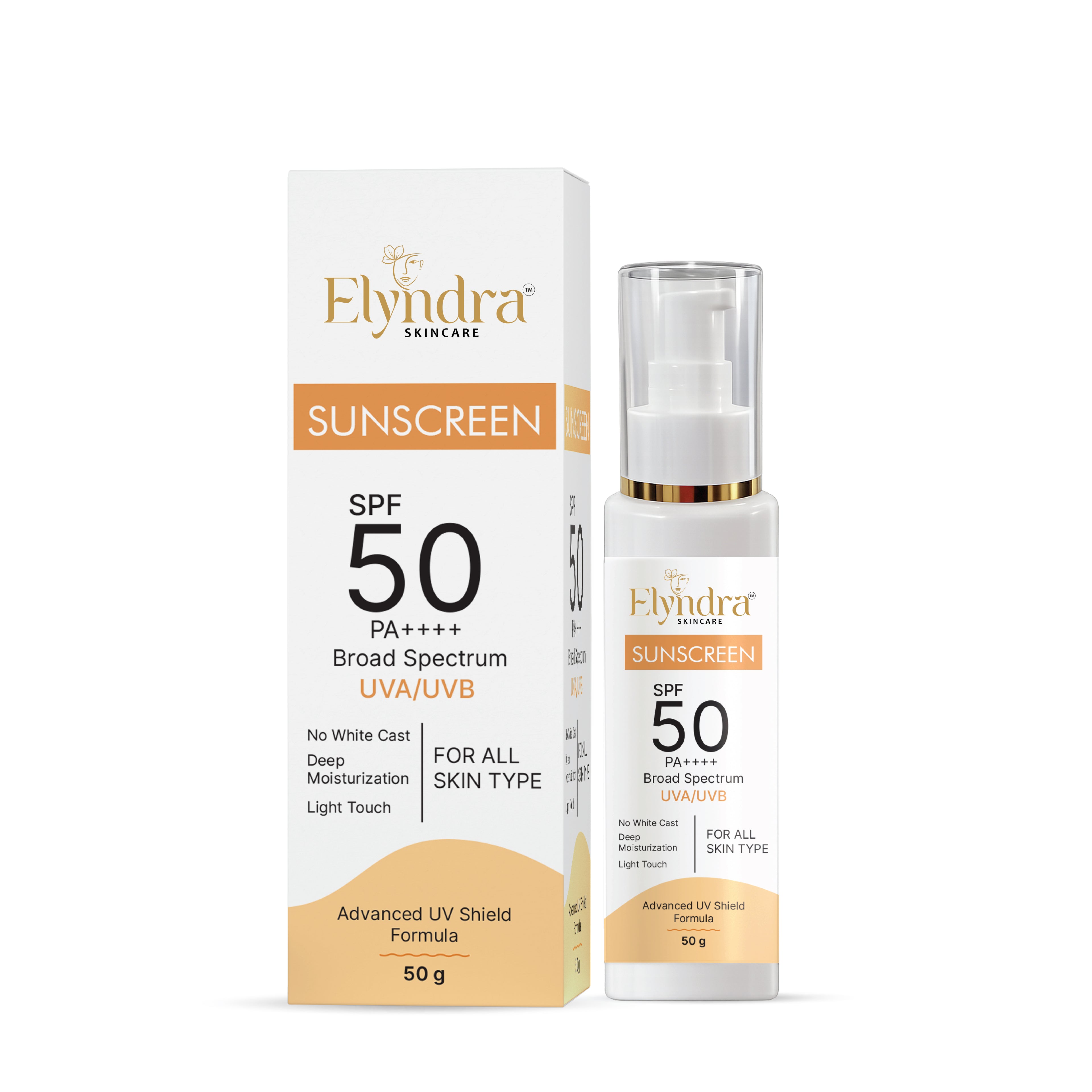 Elyndra SPF 50 Suncream 50g Lightweight Non Greasy Face and Body Sunblock Daily Moisturizing Sun Protection Cream for Smooth Radiant Skin All Skin Types