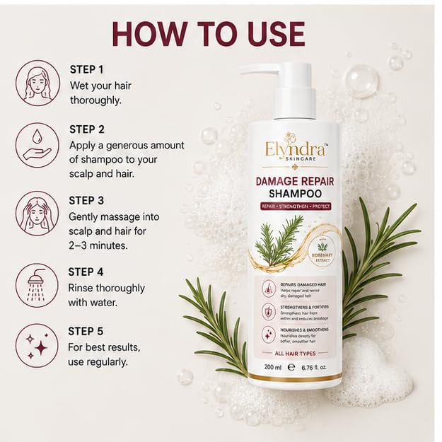 Elyndra Damage Repair Shampoo (200ml) - Nourishing Hair Cleanser for Dry & Damaged Hair