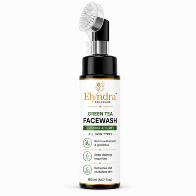 Elyndra Green Tea Face Wash with Built-In Soft Brush (150ml) - Deep Cleansing & Purifying Skin