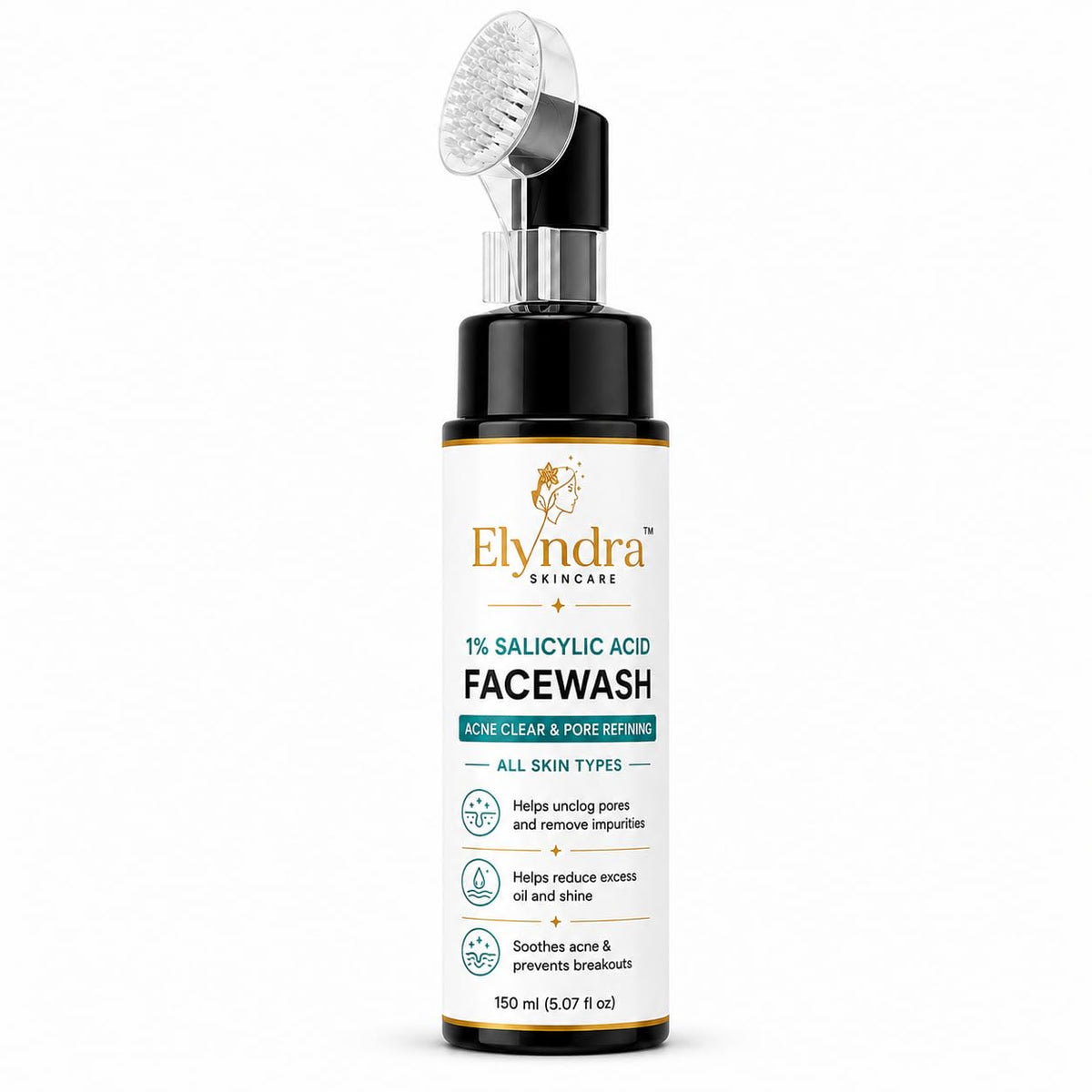 Elyndra 1% Salicylic Acid Face Wash with Built-In Soft Brush (150ml) - Deep Cleansing for Excess Oil & Pore Care