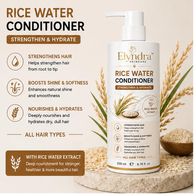 Elyndra Rice Water Conditioner with Rice Water Extract (200ml) -  Stronger, Softer & Hydrated Hair