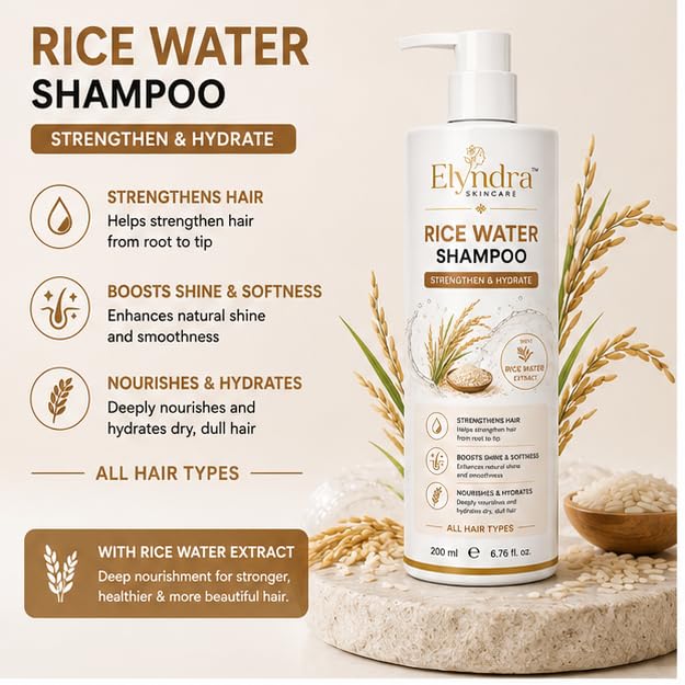 Elyndra Rice Water Shampoo with Rice Water Extract (200ml) - Nourishing Hair Cleanser & Hydrating Daily Shampoo