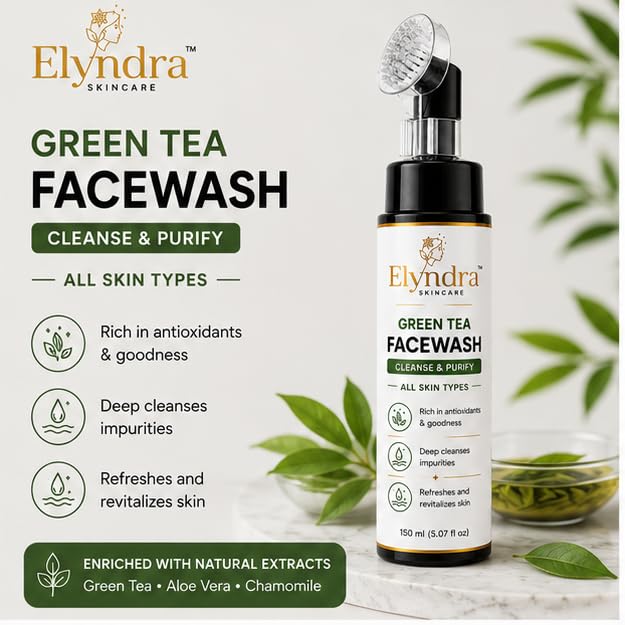 Elyndra Green Tea Face Wash with Built-In Soft Brush (150ml) - Deep Cleansing & Purifying Skin