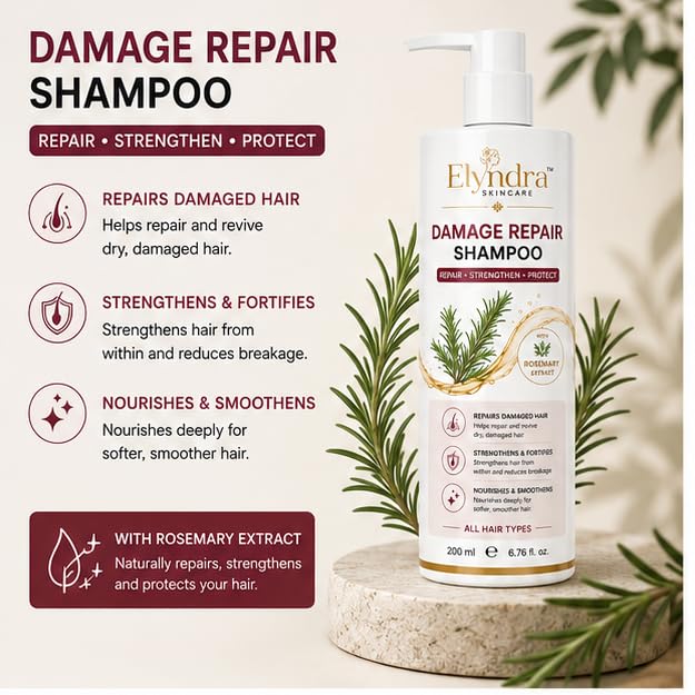 Elyndra Damage Repair Shampoo (200ml) - Nourishing Hair Cleanser for Dry & Damaged Hair