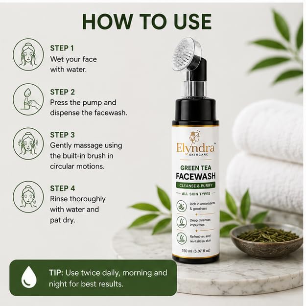 Elyndra Green Tea Face Wash with Built-In Soft Brush (150ml) - Deep Cleansing & Purifying Skin