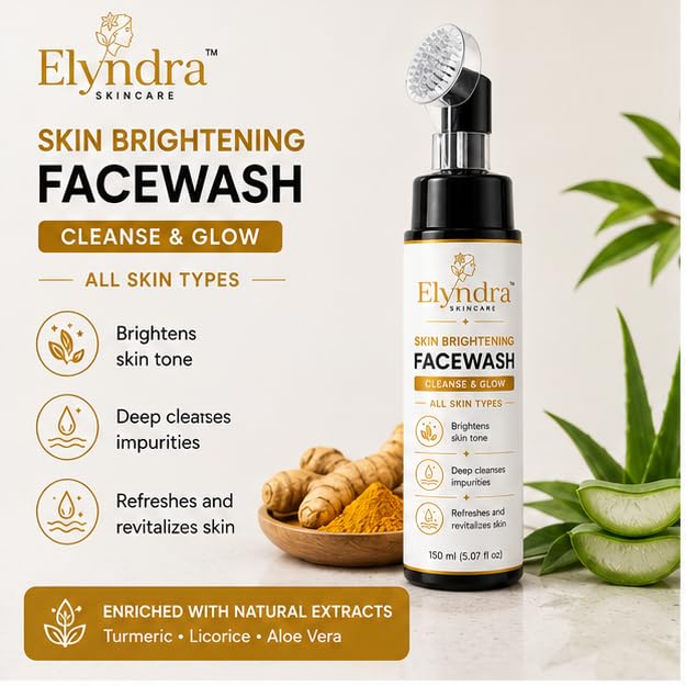 Elyndra Skin Brightening Face Wash with Built-In Soft Brush (150ml) - Deep Cleansing & Radiant Looking Skin
