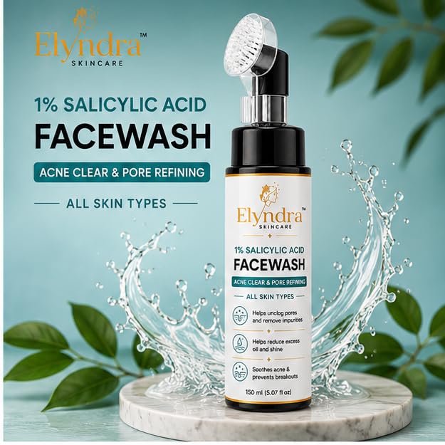 Elyndra 1% Salicylic Acid Face Wash with Built-In Soft Brush (150ml) - Deep Cleansing for Excess Oil & Pore Care