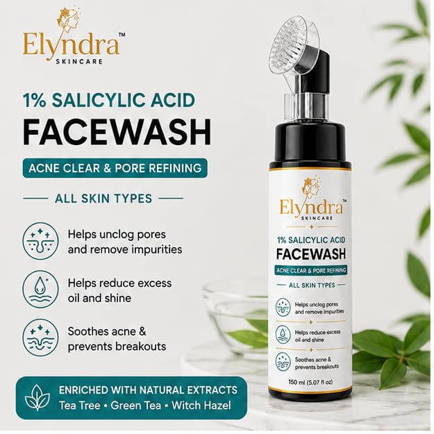 Elyndra 1% Salicylic Acid Face Wash with Built-In Soft Brush (150ml) - Deep Cleansing for Excess Oil & Pore Care