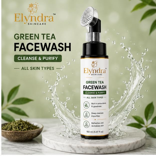 Elyndra Green Tea Face Wash with Built-In Soft Brush (150ml) - Deep Cleansing & Purifying Skin