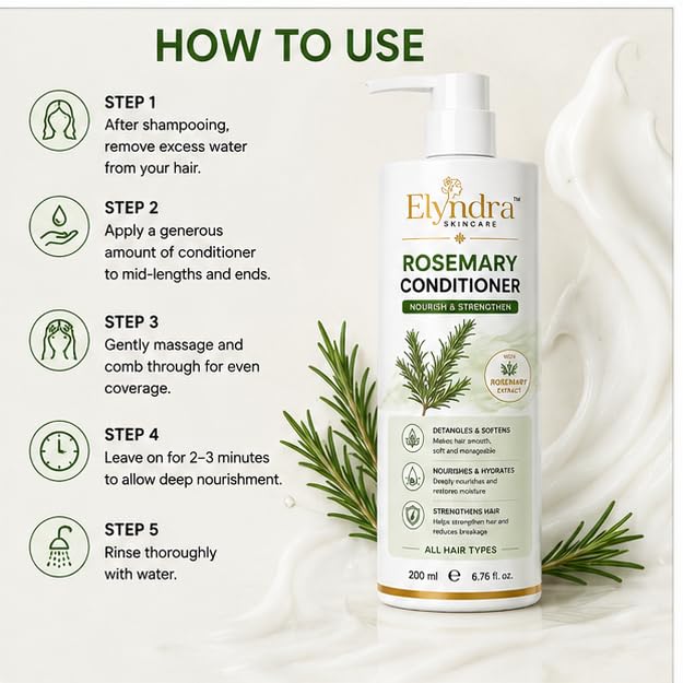 Elyndra Rosemary Conditioner with Rosemary Extract (200ml) - Smooth, Soft & Manageable Hair