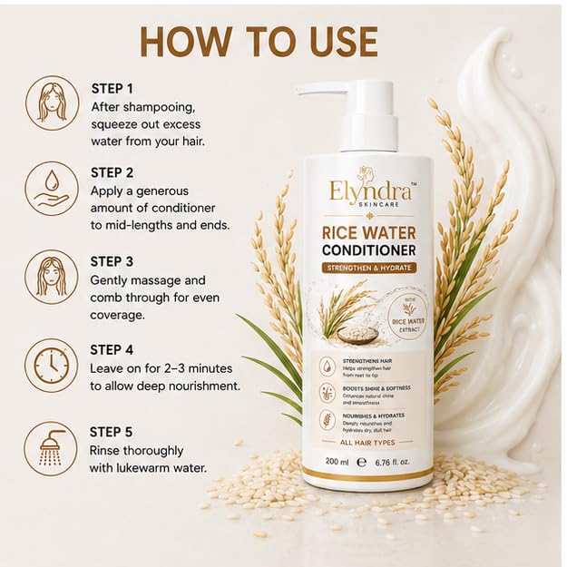 Elyndra Rice Water Conditioner with Rice Water Extract (200ml) -  Stronger, Softer & Hydrated Hair