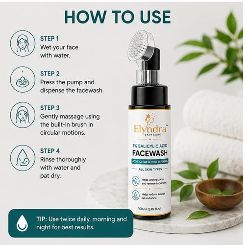 Elyndra 1% Salicylic Acid Face Wash with Built-In Soft Brush (150ml) - Deep Cleansing for Excess Oil & Pore Care