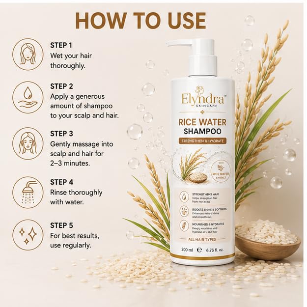 Elyndra Rice Water Shampoo with Rice Water Extract (200ml) - Nourishing Hair Cleanser & Hydrating Daily Shampoo