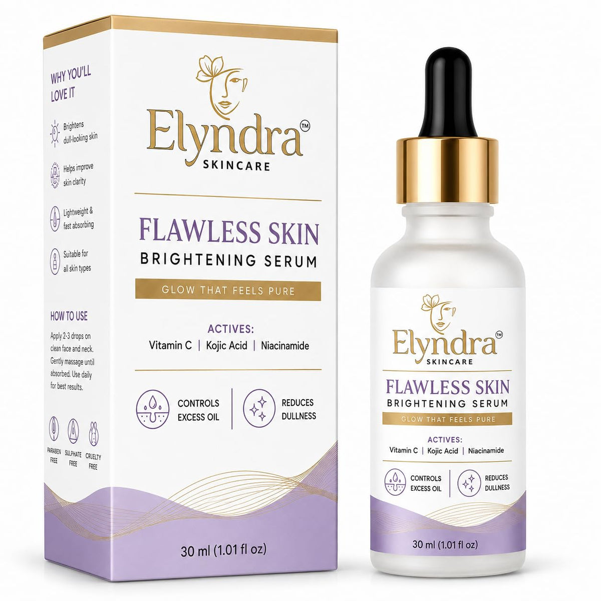 Elyndra Flawless Skin Brightening Face Serum with Vitamin C, Kojic Acid and Niacinamide (30ml) - Flawless Looks & Radiant Skin