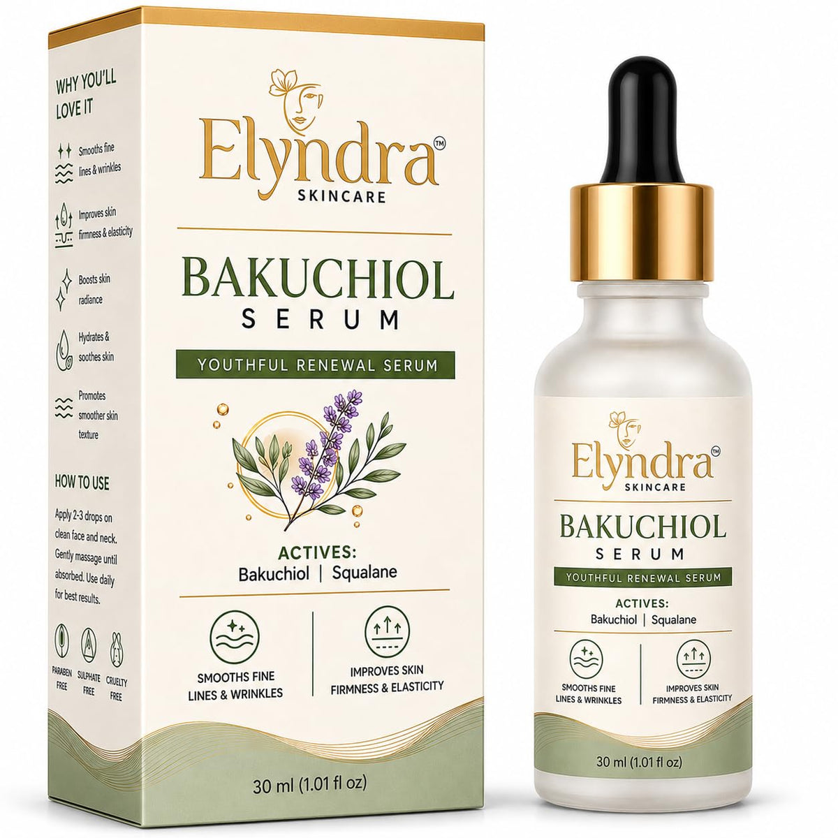 Elyndra Bakuchiol Face Serum with Bakuchiol and Squalane (30ml) - Skin Radiance & Healthy Glow