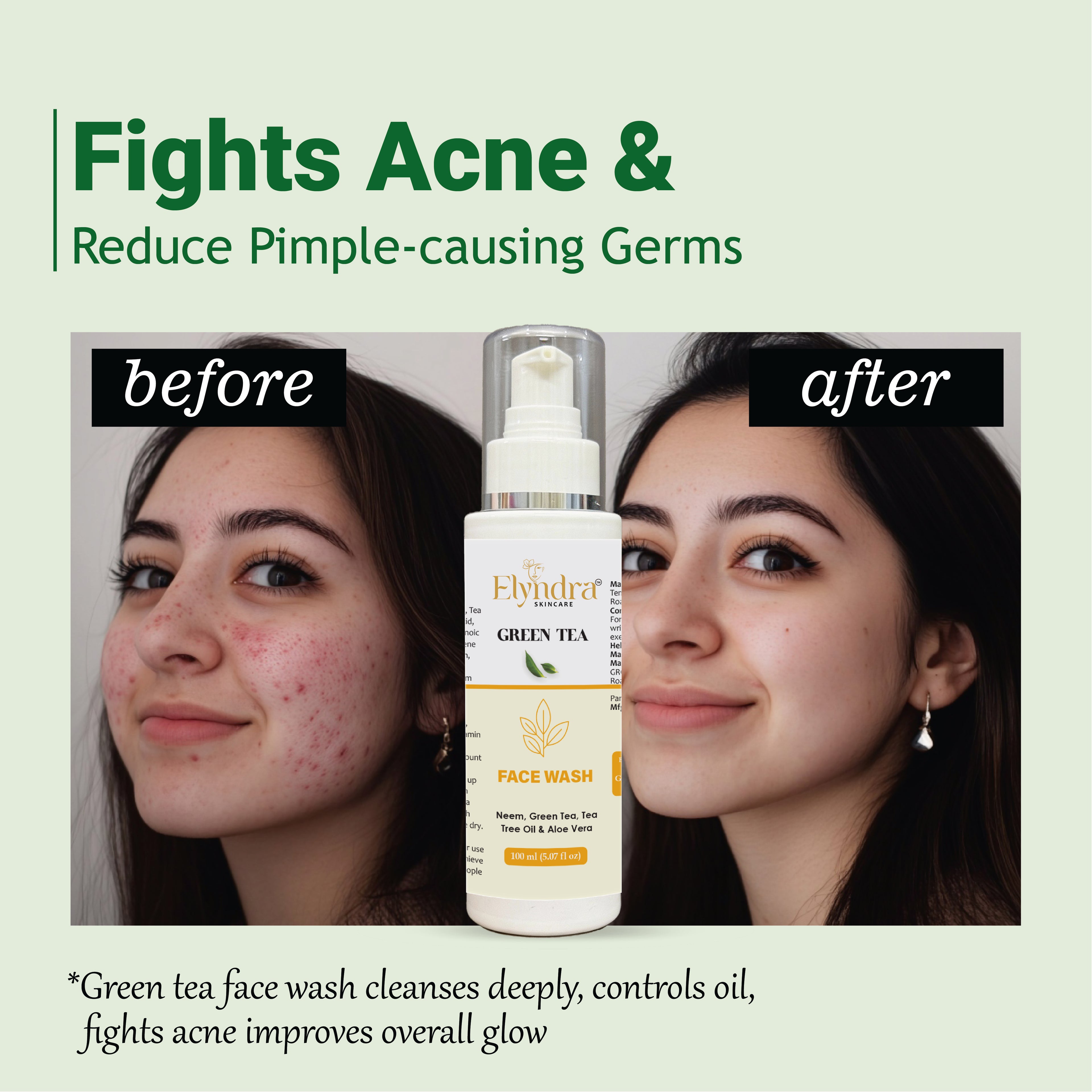 Elyndra Green Tea Cleanser for Face Daily Deep Cleansing Oil Control Gentle Hydrating Face Wash for Oily and Combination Skin for Clear Radiant Skin